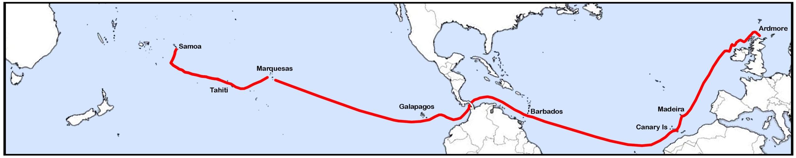 Strip map of Atlantic and Pacific course of The Aegre